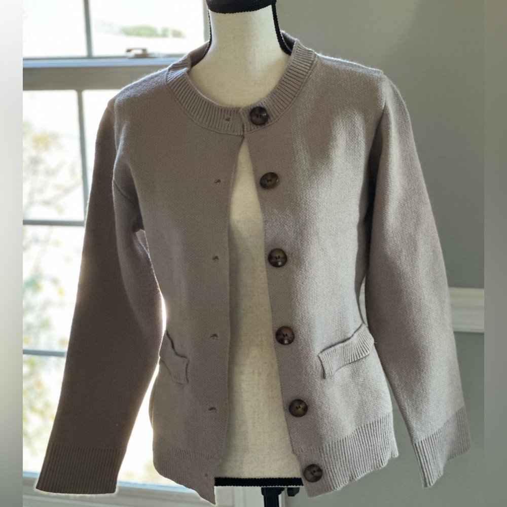 Camel Beige chunky knit Cardigan Tortoise shell buttons SZ Sm eclectic grandpa